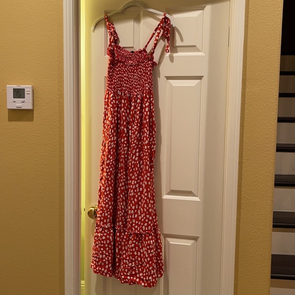 Red with white polka dot mid length dress-Size Large - Picture 6 of 6
